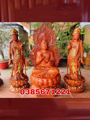 Tượng Dược Sư Nhật Quang Nguyệt Quang Gỗ Hương Đá Thếp Vàng Điểm Cao 1m7