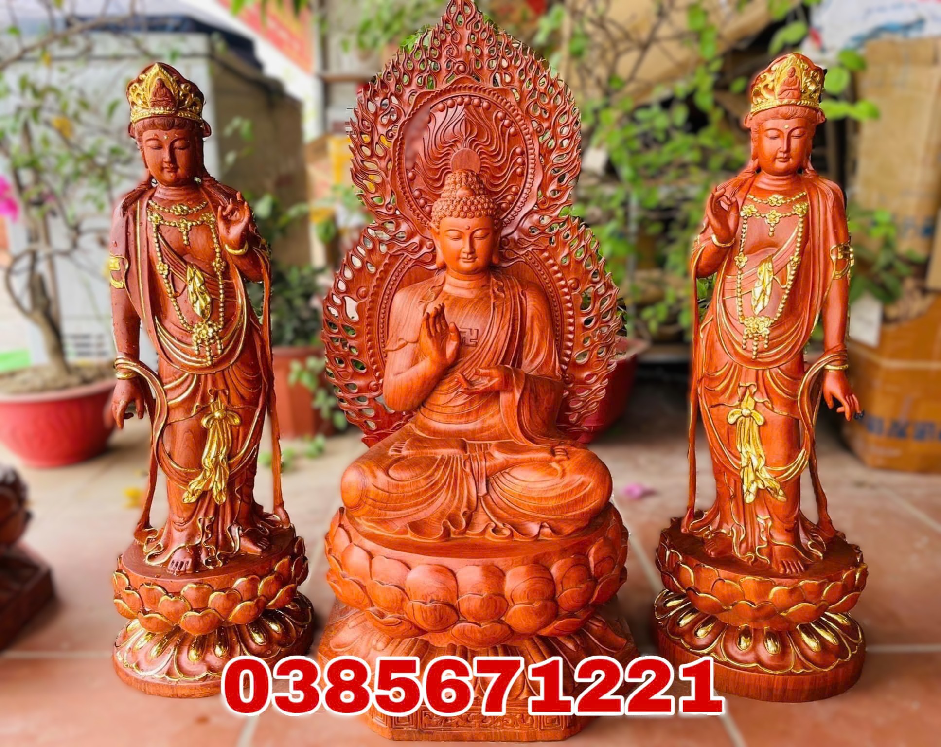 Tượng Dược Sư Nhật Quang Nguyệt Quang Gỗ Hương Đá Thếp Vàng Điểm Cao 1m7