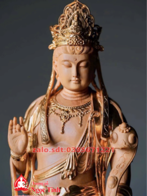 Tượng Quan Âm Bồ Tát Gỗ Hương Đá Thếp Vàng Điểm Cao 91