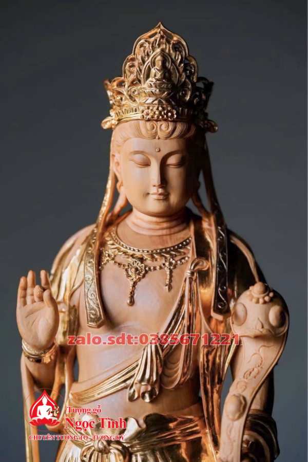 Tượng Quan Âm Bồ Tát Gỗ Hương Đá Thếp Vàng Điểm Cao 91