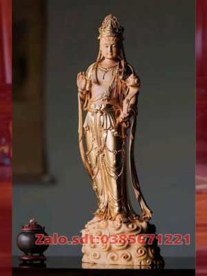 Tượng Quan Âm Bồ Tát Gỗ Hương Đá Thếp Vàng Điểm Cao 91