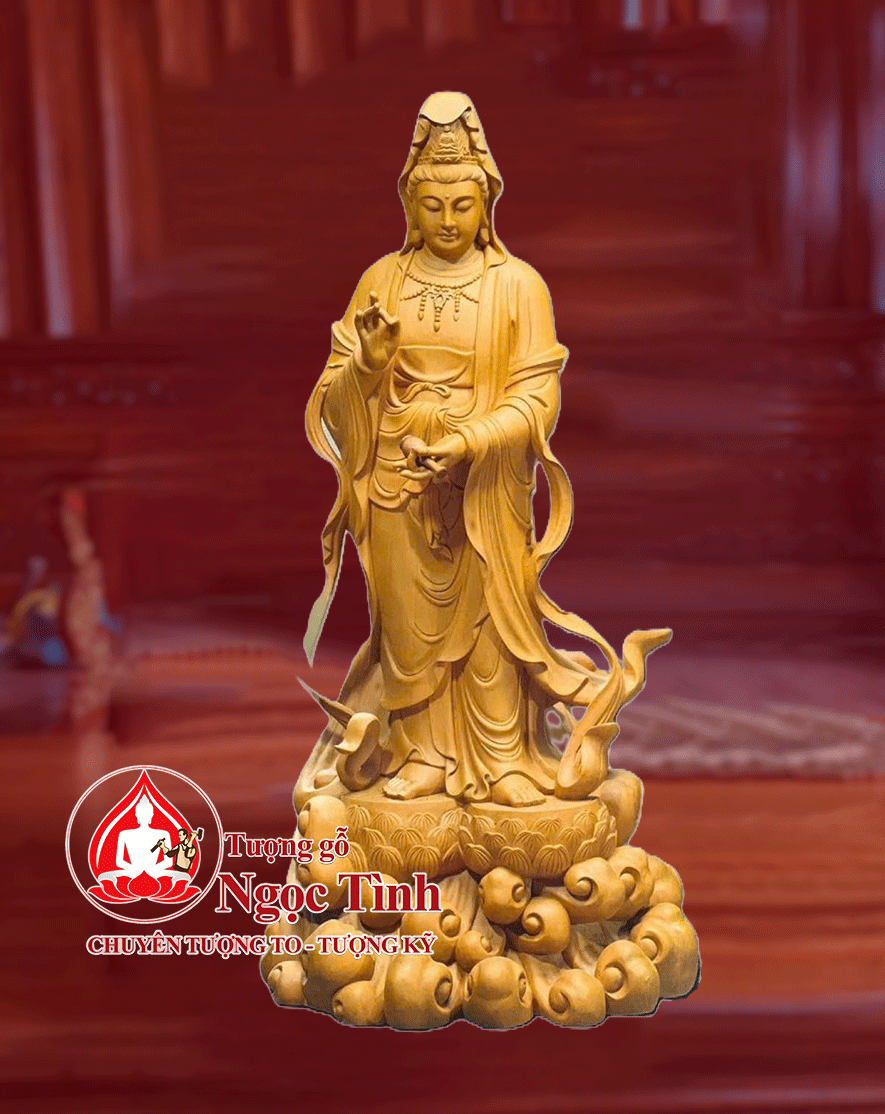 Tượng Quan Âm Bồ Tát Đứng Gỗ Dâu Mít Cao 127cm