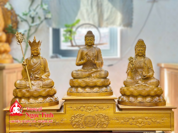 Tượng Ta Bà Tam Thánh Gỗ Mít Cao 91cm Cả Bệ